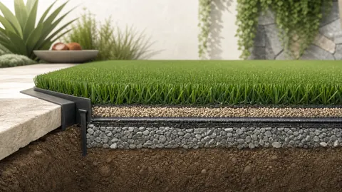 Cutaway of artificial grass showing synthetic blades, backing, infill, aggregate base, edging, and soil.