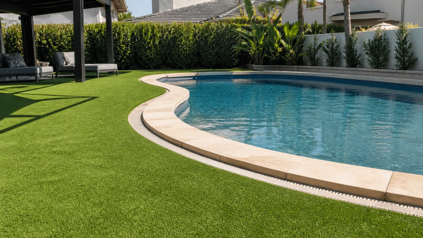 Artificial grass installed around a curved residential swimming pool with coping and a visible drainage channel.