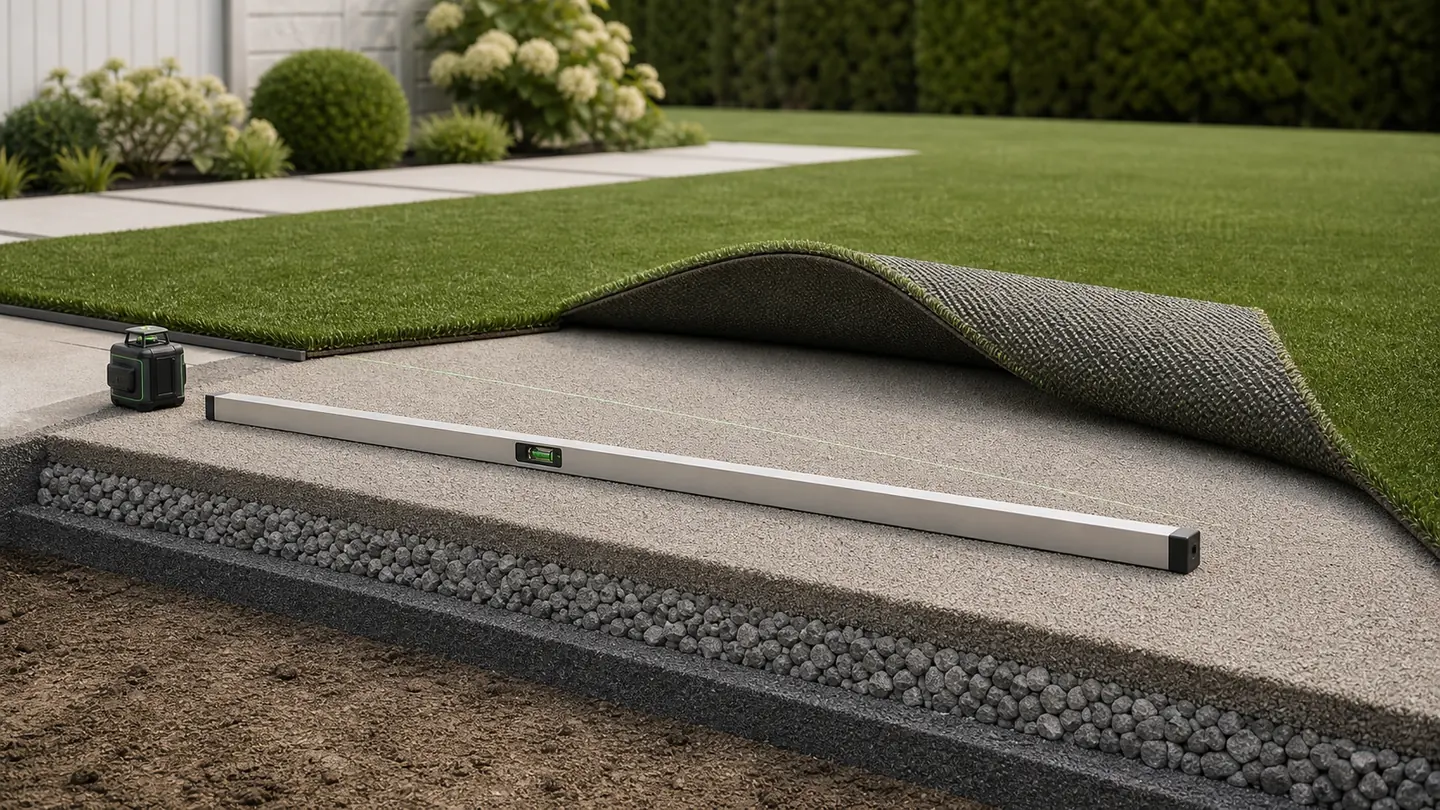 Artificial grass rolled back to show a smooth finish course over compacted aggregate being checked with a level and laser.