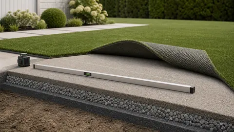 Artificial grass rolled back to show a smooth finish course over compacted aggregate being checked with a level and laser.