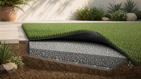 Artificial turf lifted to reveal a shaped, compacted aggregate base between the backing and native soil.