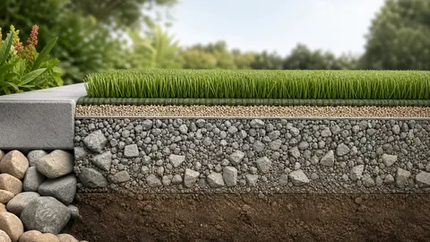 Cross-section of artificial turf over compacted, carefully graded Class II road-base aggregate.
