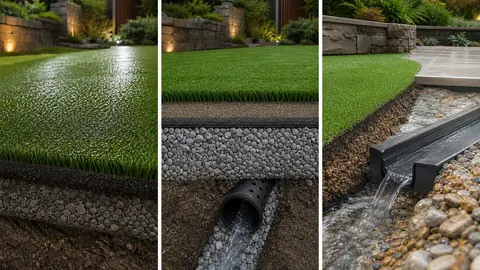 Artificial-grass drainage shown from wet surface through turf and aggregate layers to a functioning landscape outlet.