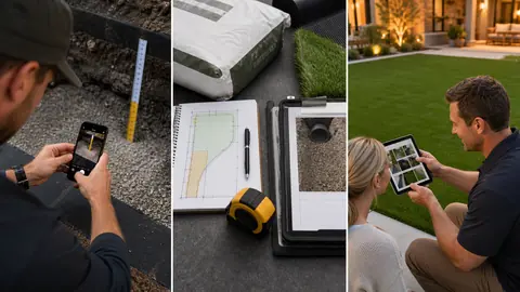 Installer photographs base depth and organizes material, seam, and drainage records for a homeowner beside completed turf.