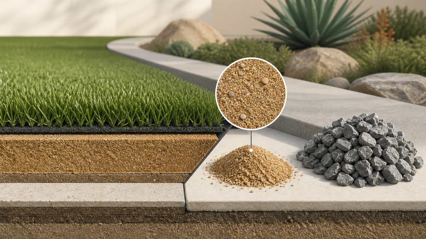 Artificial turf over compacted decomposed granite beside a close view of its particles and fines.