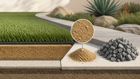 Artificial turf over compacted decomposed granite beside a close view of its particles and fines.