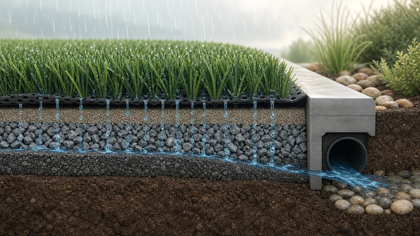 Cutaway showing rainwater moving through artificial turf, aggregate base layers, and a drainage outlet.