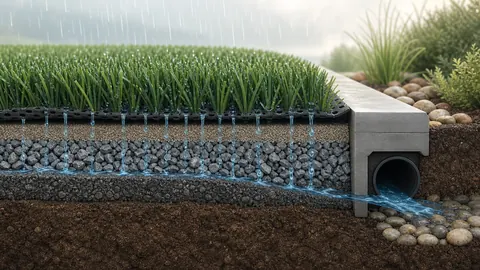 Cutaway showing rainwater moving through artificial turf, aggregate base layers, and a drainage outlet.