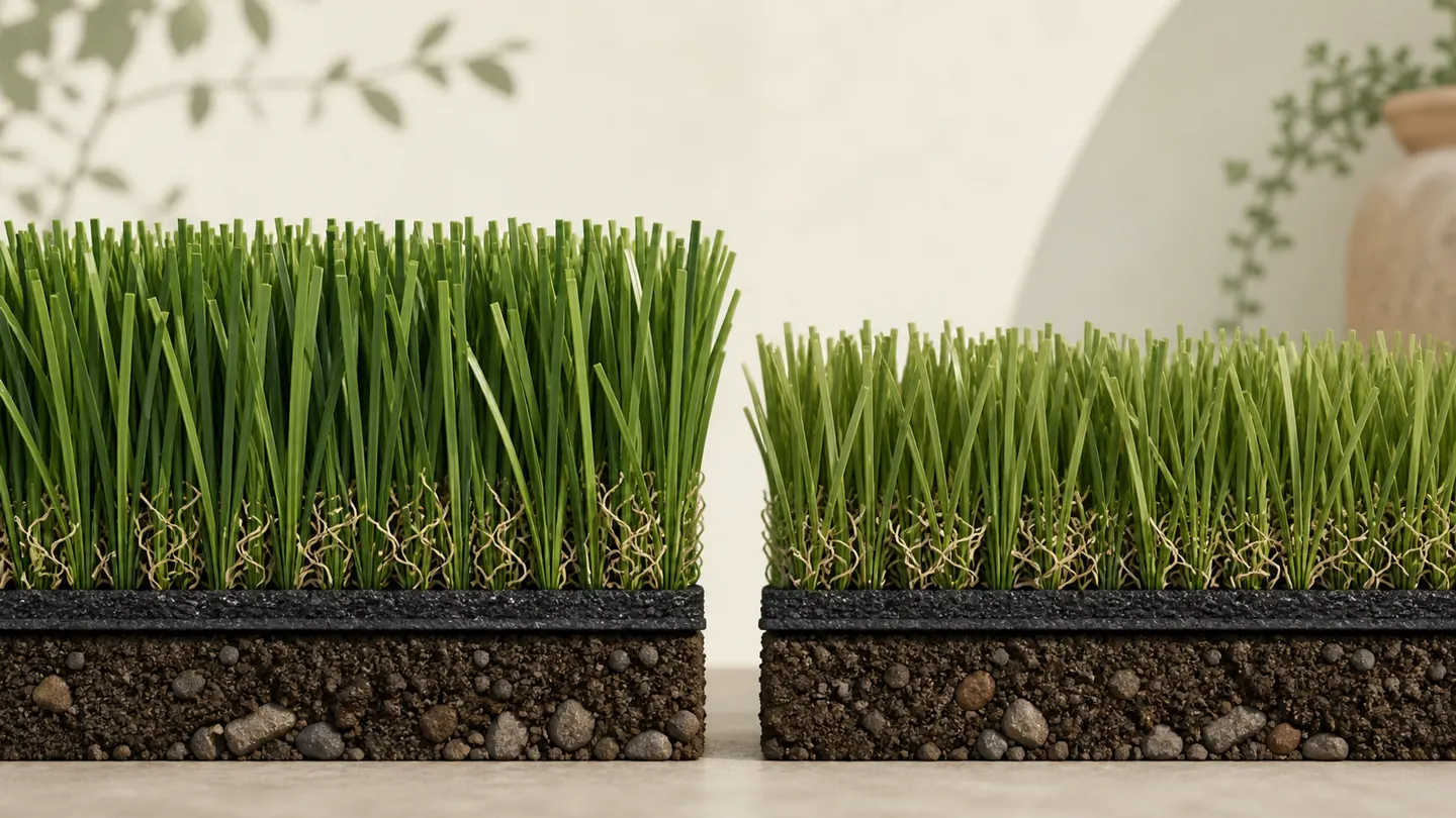 Side profiles of two artificial-turf samples emphasizing the amount of yarn above their backings.