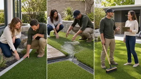 Homeowner and installer inspect turf edges, witness a drainage check, and complete a friendly final project handoff.