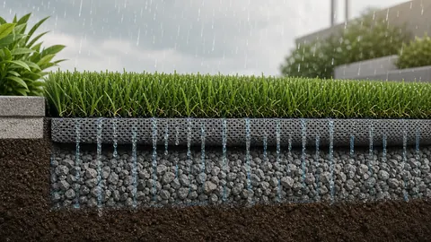 Rainwater passing broadly through a permeable artificial-turf backing into the aggregate base below.