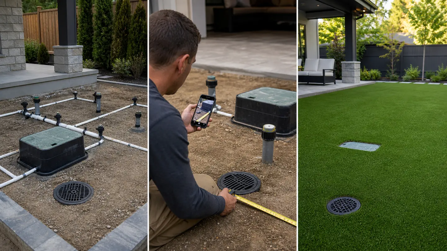 Irrigation, valve boxes, and drains photographed and measured before artificial grass is installed over the prepared site.