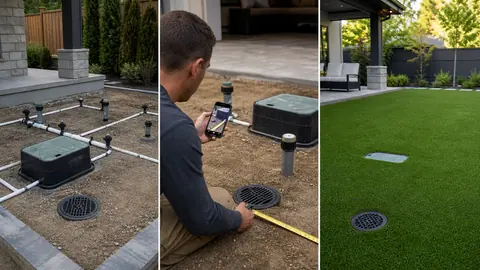 Irrigation, valve boxes, and drains photographed and measured before artificial grass is installed over the prepared site.