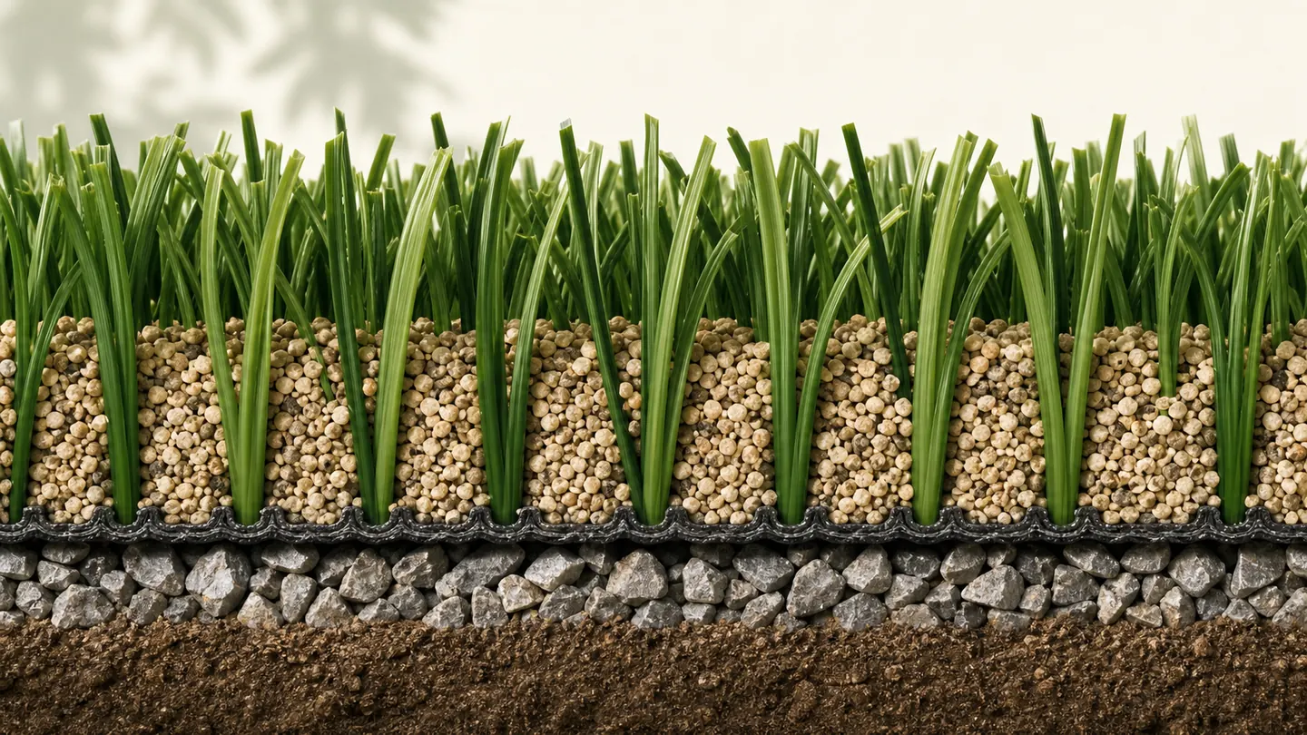 Close view of granular infill settled evenly around the lower portions of artificial-grass fibers.