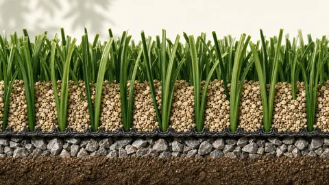 Close view of granular infill settled evenly around the lower portions of artificial-grass fibers.