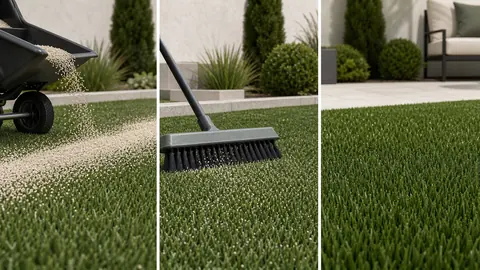 Artificial-grass infill applied in controlled lifts, brushed into the fibers, and shown as an even finished lawn.