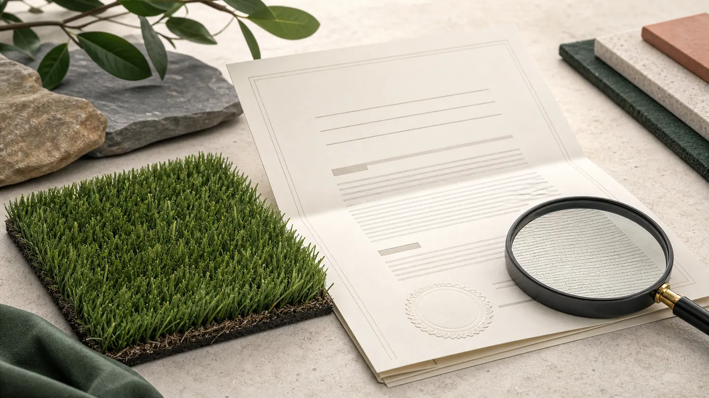 Unbranded turf sample beside a formal warranty document and magnifying glass over its fine print.