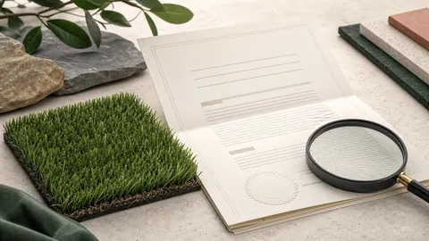 Unbranded turf sample beside a formal warranty document and magnifying glass over its fine print.