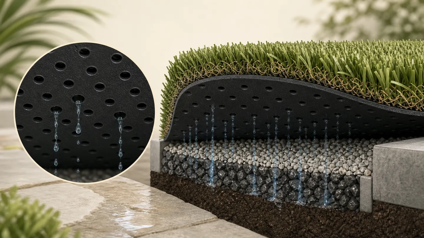Water passing through regularly spaced holes in an otherwise solid artificial-turf backing.