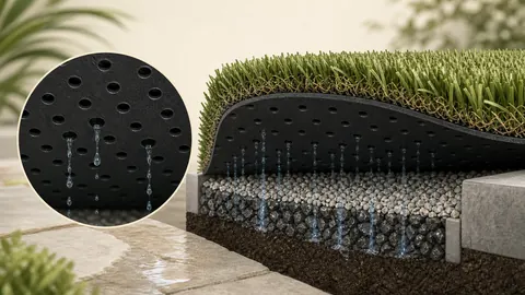 Water passing through regularly spaced holes in an otherwise solid artificial-turf backing.