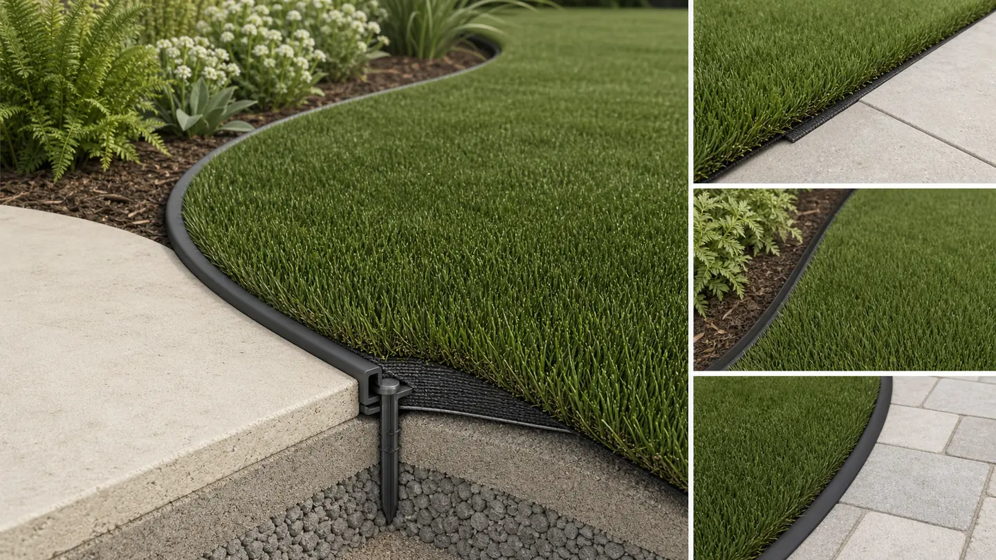 Curved artificial-grass perimeter shown with a smooth composite border, concealed backing, and clean hardscape transition.