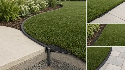 Curved artificial-grass perimeter shown with a smooth composite border, concealed backing, and clean hardscape transition.