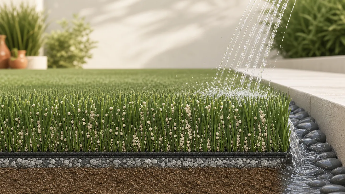 Pale mineral pet infill distributed between clean artificial-grass fibers with a restrained rinse cue.