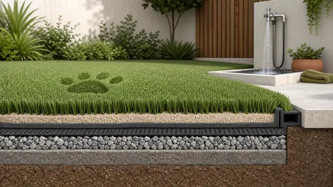 Cutaway of a complete pet-turf area with resilient fibers, infill, permeable backing, secure edge, and drainage base.