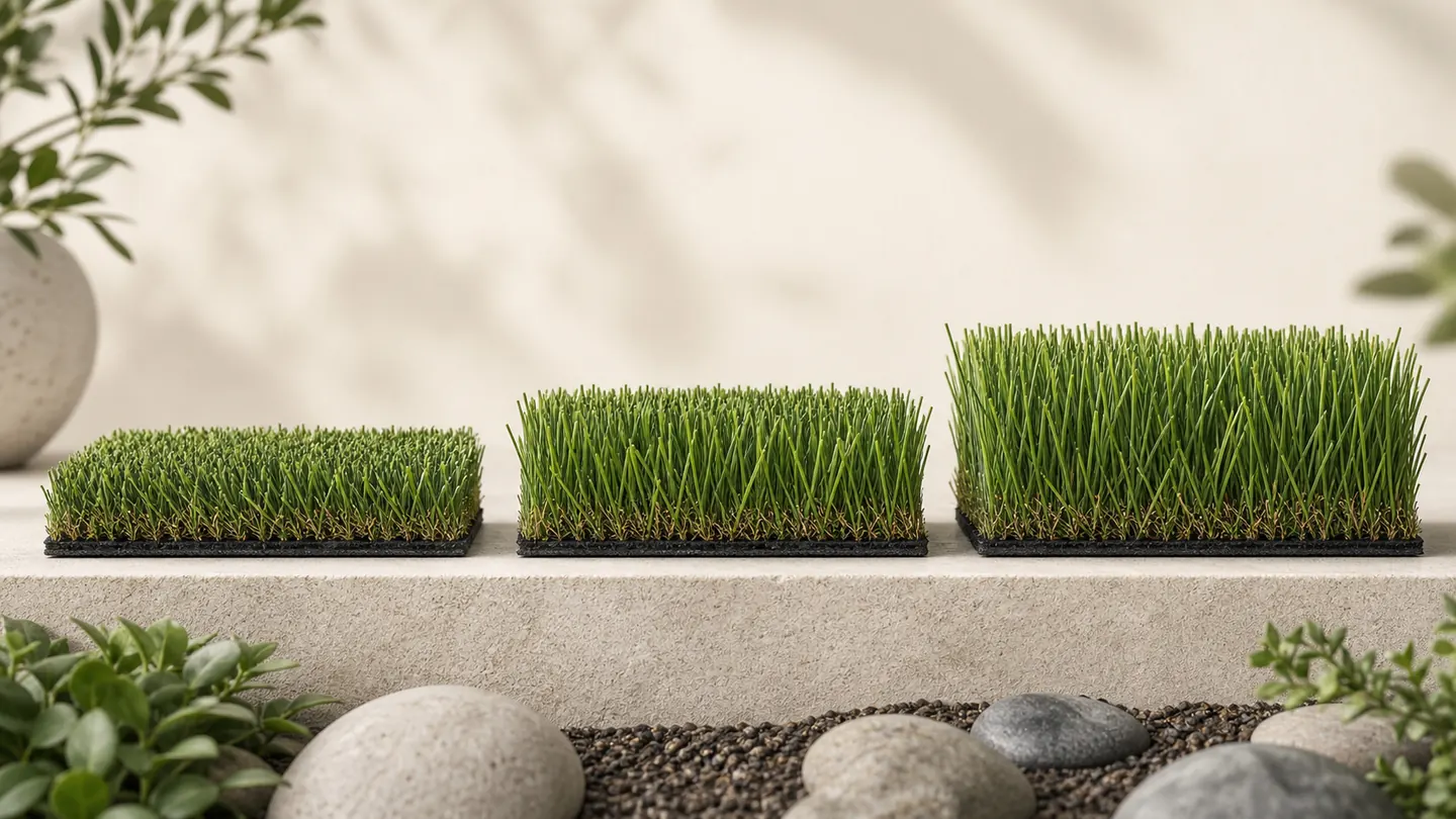 Three artificial-turf samples with short, medium, and long fibers rising from similar backings.