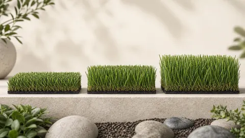 Three artificial-turf samples with short, medium, and long fibers rising from similar backings.