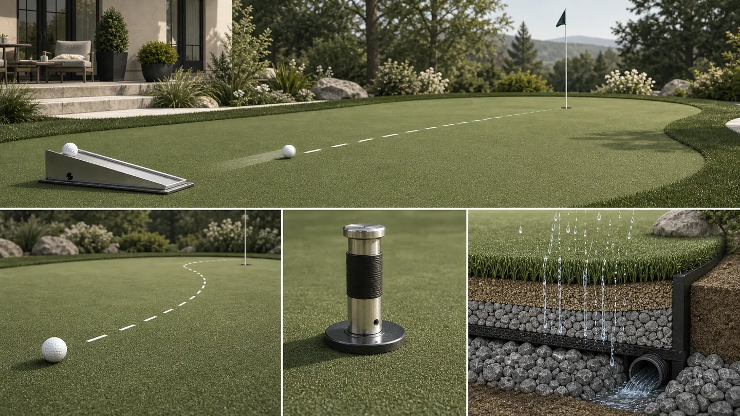 Residential synthetic putting green shown with ball-roll, trueness, surface-response, and complete drainage-system checks.