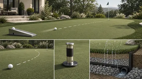 Residential synthetic putting green shown with ball-roll, trueness, surface-response, and complete drainage-system checks.