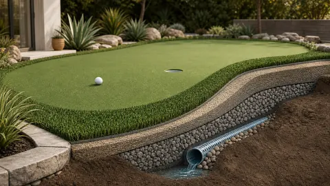 Backyard putting green cutaway showing short turf, contoured base, cup, fringe, and drainage shaping.