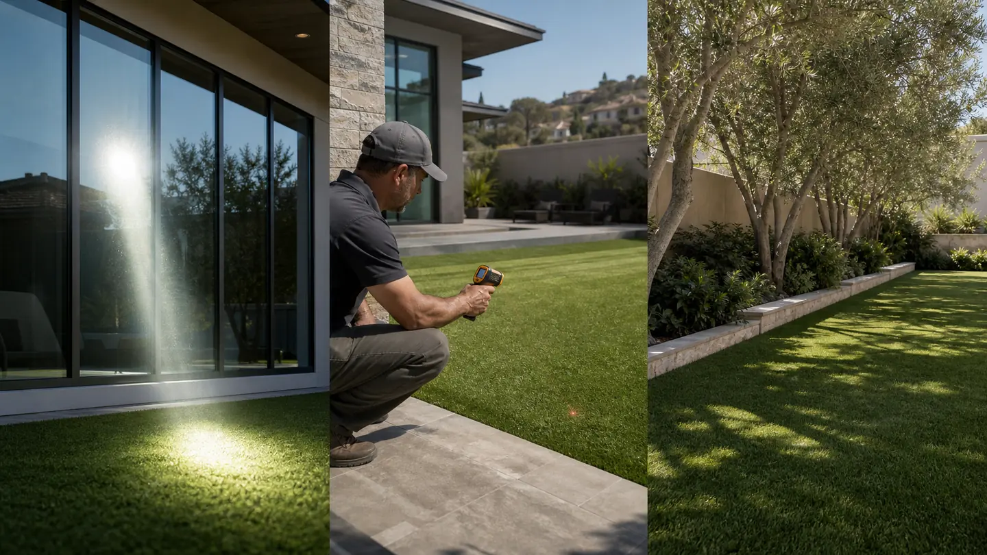 Low-E window reflection checked with a surface thermometer before a shaded artificial-grass landscape is installed.