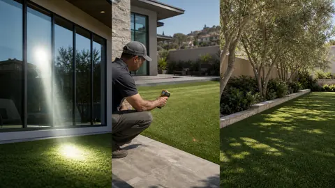 Low-E window reflection checked with a surface thermometer before a shaded artificial-grass landscape is installed.