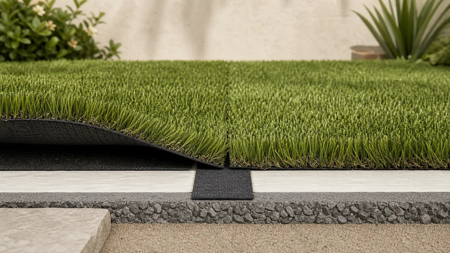 Two aligned artificial-grass sections joined over seam tape with one edge lifted to reveal the connection.