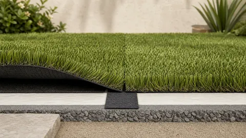 Two aligned artificial-grass sections joined over seam tape with one edge lifted to reveal the connection.