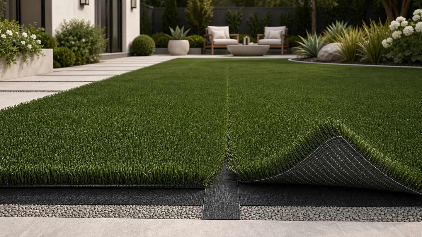 Artificial grass seam aligned over joining tape with matching fiber direction and consistent tuft-row spacing.