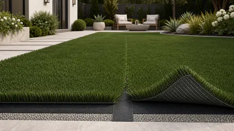 Artificial grass seam aligned over joining tape with matching fiber direction and consistent tuft-row spacing.