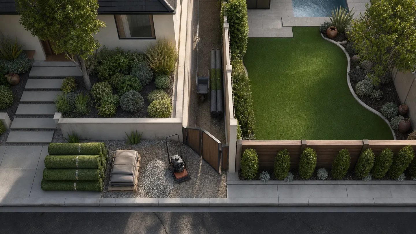 Overhead view of a narrow side passage connecting curbside material staging to a backyard turf project.