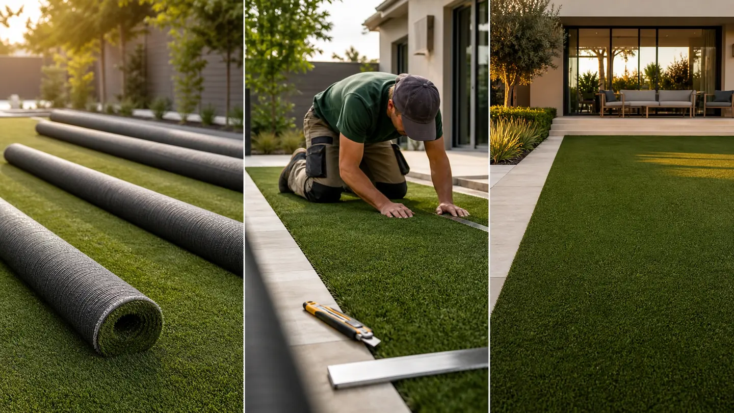 Artificial-grass rolls relaxing before final edge trimming beside a smooth, taut completed residential lawn.