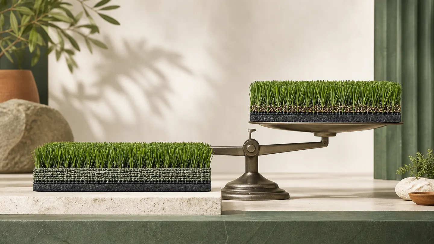 Complete artificial-turf samples showing yarn and different backing constructions beside an unmarked balance.