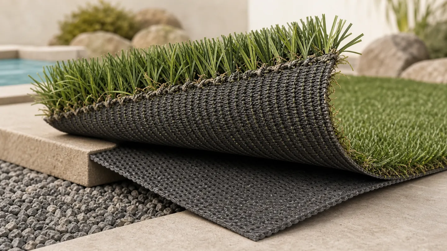Rolled-back artificial turf revealing fibers tufted through primary backing and a secondary coating.