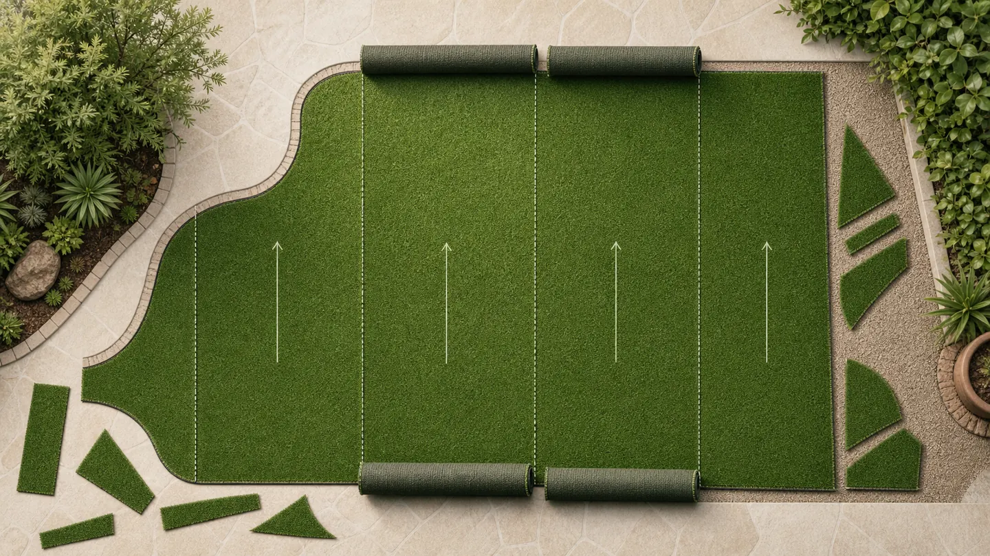 Overhead turf-roll layout fitted around a curved lawn with aligned seams and tidy perimeter offcuts.