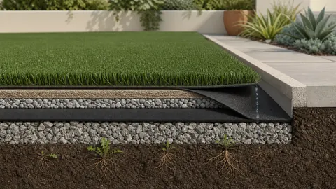 Artificial-turf cutaway showing a permeable weed-barrier layer positioned within the prepared assembly.
