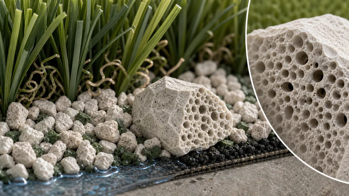 Porous zeolite mineral granules nestled between artificial-grass fibers with an enlarged view of their texture.