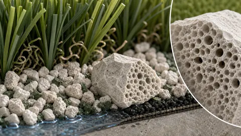 Porous zeolite mineral granules nestled between artificial-grass fibers with an enlarged view of their texture.